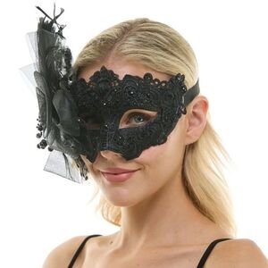 Black Lace Tulle Flower Feather Half Face Mask Masquerade Headpiece EyeMask